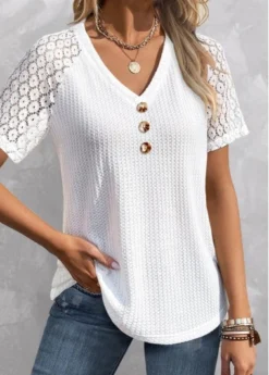 White Patchwork Short Sleeve V Neck T Shirt -LICA Clothing Shop 326401 P 16801515723482
