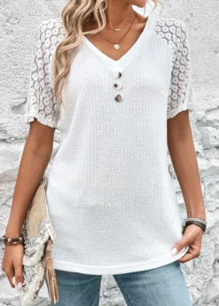 White Patchwork Short Sleeve V Neck T Shirt -LICA Clothing Shop 326401 P 16801515724106