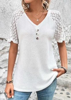 White Patchwork Short Sleeve V Neck T Shirt -LICA Clothing Shop 326401 P 16801515725233