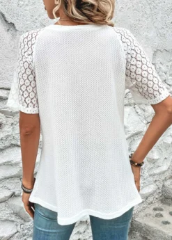 White Patchwork Short Sleeve V Neck T Shirt -LICA Clothing Shop 326401 P 16801515725524