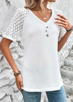 White Patchwork Short Sleeve V Neck T Shirt -LICA Clothing Shop 326401 P 16801515727125