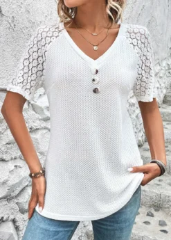 White Patchwork Short Sleeve V Neck T Shirt -LICA Clothing Shop 326401 P 16801515727987