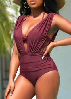 Ruched Dark Reddish Purple Tie Back Bikini Set