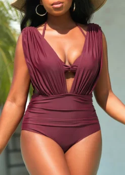 Ruched Dark Reddish Purple Tie Back Bikini Set 7 Ruched Dark Reddish Purple Tie Back Bikini Set -LICA Clothing Shop 326462 P 16789343625672