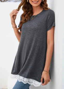 Dark Grey Lace Short Sleeve T Shirt -LICA Clothing Shop 326577 P 16784265399432
