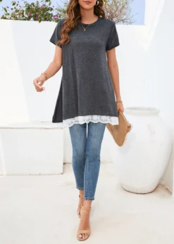 Dark Grey Lace Short Sleeve T Shirt -LICA Clothing Shop 326577 P 16784265399625