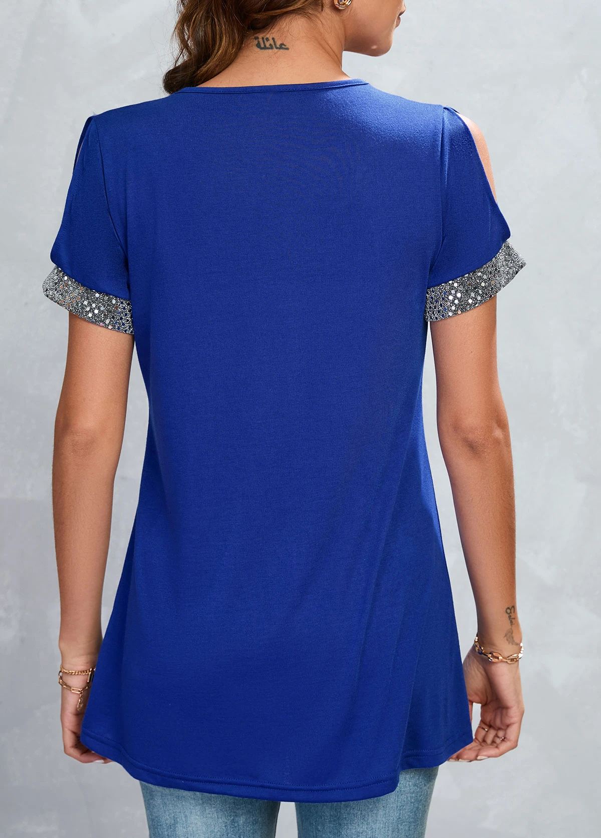 Blue Patchwork Short Sleeve V Neck T Shirt 2 Blue Patchwork Short Sleeve V Neck T Shirt - Image 2
