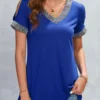 Blue Patchwork Short Sleeve V Neck T Shirt