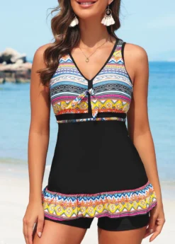 Criss Cross Mid Waisted Striped Black Tankini Set