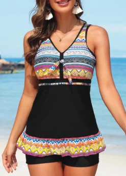Criss Cross Mid Waisted Striped Black Tankini Set -LICA Clothing Shop 326884 P 16793105613255