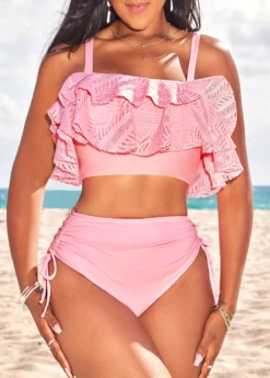 Patchwork High Waisted Light Pink Bikini Set