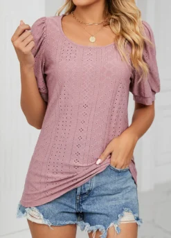 Dusty Pink Hole Short Sleeve T Shirt -LICA Clothing Shop 327069 P 1676859768320