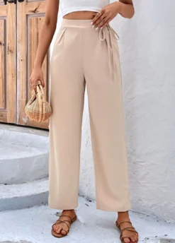 Light Coffee Bowknot Drawastring High Waisted Pants -LICA Clothing Shop 327281 P 1677476624579