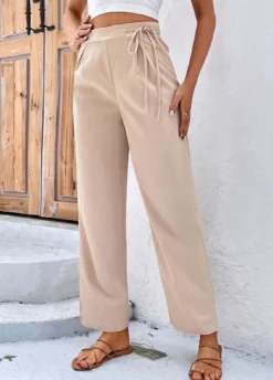 Light Coffee Bowknot Drawastring High Waisted Pants -LICA Clothing Shop 327281 P 1677476625469