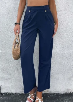Navy Button Elastic Waist High Waisted Pants -LICA Clothing Shop 327282 P 1677476638109
