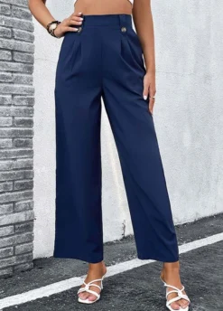 Navy Button Elastic Waist High Waisted Pants -LICA Clothing Shop 327282 P 1677476638717