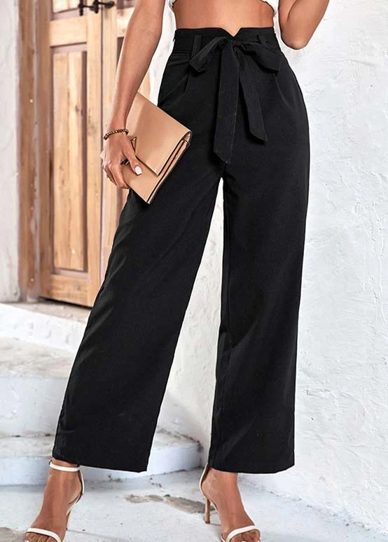 Black Bowknot Belted Drawastring High Waisted Pants 1 Black Bowknot Belted Drawastring High Waisted Pants