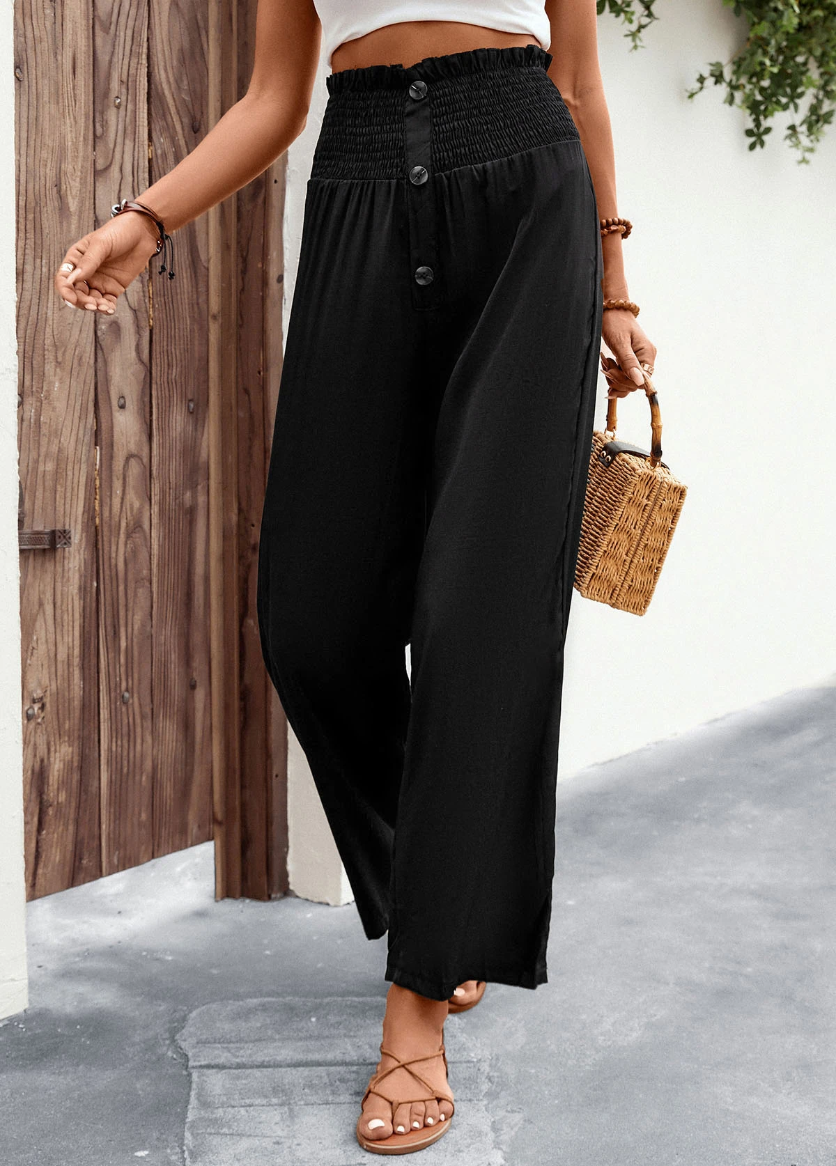 Black Button Regular Elastic Waist High Waisted Pants 6 Black Button Regular Elastic Waist High Waisted Pants - Image 6