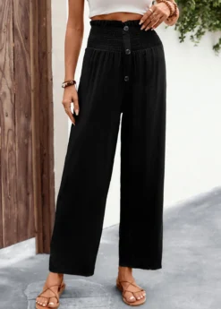 Black Button Regular Elastic Waist High Waisted Pants
