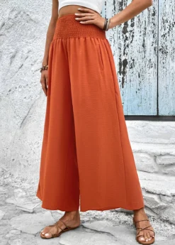 Brick Red Smocked Elastic Waist High Waisted Pants -LICA Clothing Shop 327620 P 16799726310952