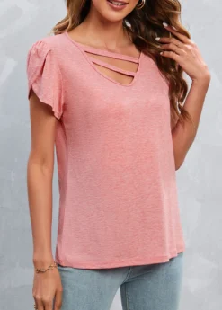 Pink Cut Out Short Sleeve T Shirt -LICA Clothing Shop 328078 P 16795494488302