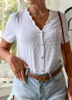 White Button Short Sleeve V Neck T Shirt