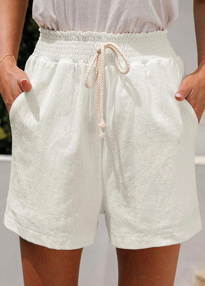 White Pocket Regular Elastic Waist High Waisted Shorts 3 White Pocket Regular Elastic Waist High Waisted Shorts - Image 3