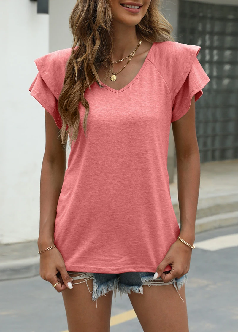 Pink Layered Short Sleeve V Neck T Shirt 3 Pink Layered Short Sleeve V Neck T Shirt - Image 3