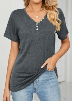 Dark Grey Button Short Sleeve T Shirt