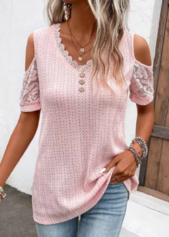 Light Pink Lace Short Sleeve T Shirt