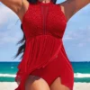Lace High Waisted Red Swimdress And Panty