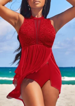 Lace High Waisted Red Swimdress And Panty