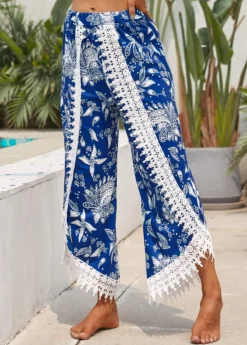 Blue Patchwork Tribal Print Elastic Waist Pants