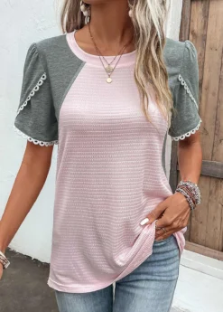 Pink Patchwork Short Sleeve Round Neck T Shirt