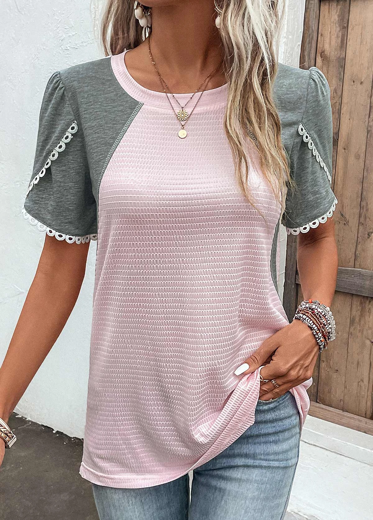 Pink Patchwork Short Sleeve Round Neck T Shirt 1 Pink Patchwork Short Sleeve Round Neck T Shirt