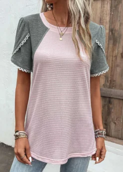 Pink Patchwork Short Sleeve Round Neck T Shirt 6 Pink Patchwork Short Sleeve Round Neck T Shirt -LICA Clothing Shop 329067 P 16818893905212