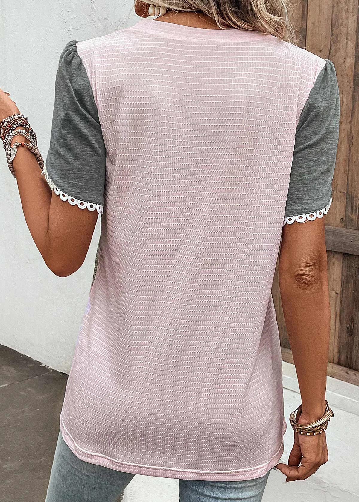 Pink Patchwork Short Sleeve Round Neck T Shirt 2 Pink Patchwork Short Sleeve Round Neck T Shirt - Image 2