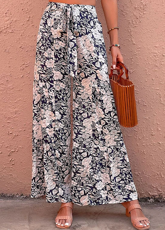 Navy Bowknot Floral Print Elastic Waist Pants 3 Navy Bowknot Floral Print Elastic Waist Pants - Image 3