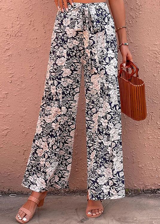 Navy Bowknot Floral Print Elastic Waist Pants 1 Navy Bowknot Floral Print Elastic Waist Pants