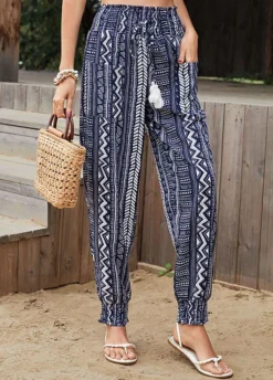 Navy Pocket Geometric Print Drawastring Jogger Pants