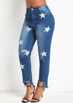 Denim Blue Pocket Star Print Regular Jeans -LICA Clothing Shop 329328 P 16807809946883