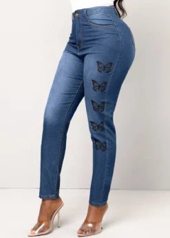 Denim Blue Pocket Butterfly Print Skinny Jeans