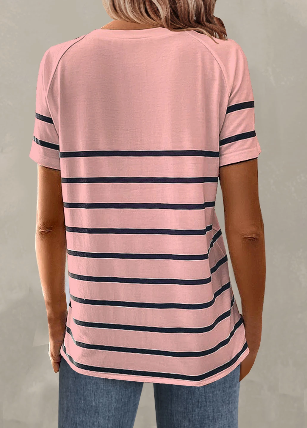 Light Pink Button Striped Short Sleeve T Shirt 2 Light Pink Button Striped Short Sleeve T Shirt - Image 2