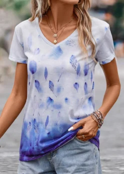 Blue Leaf Print Short Sleeve T Shirt