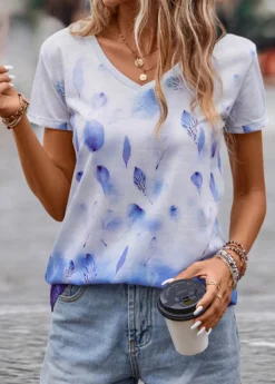 Blue Leaf Print Short Sleeve T Shirt -LICA Clothing Shop 329814 P 16825648745834