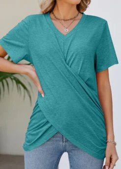 Turquoise Wrap Short Sleeve V Neck T Shirt -LICA Clothing Shop 329947 P 1679882670370