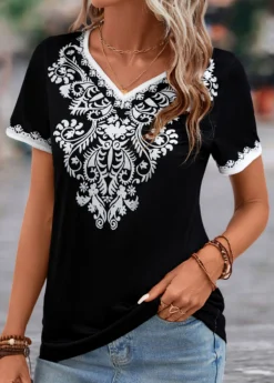 Black Patchwork Tribal Print Short Sleeve T Shirt 8 Black Patchwork Tribal Print Short Sleeve T Shirt -LICA Clothing Shop 329987 P 16831845131482