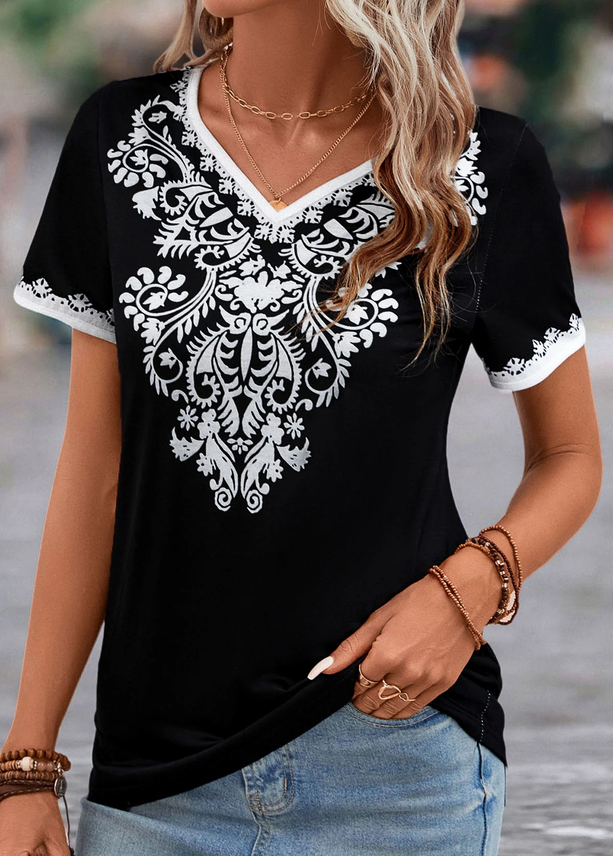 Black Patchwork Tribal Print Short Sleeve T Shirt 3 Black Patchwork Tribal Print Short Sleeve T Shirt - Image 3