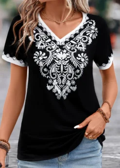 Black Patchwork Tribal Print Short Sleeve T Shirt