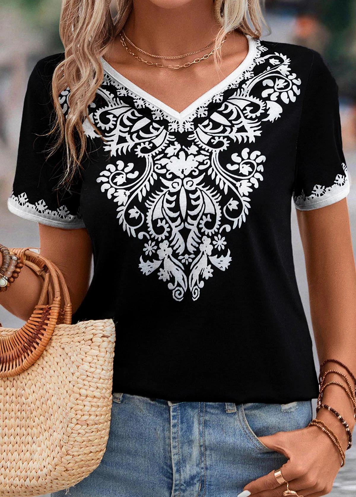Black Patchwork Tribal Print Short Sleeve T Shirt 4 Black Patchwork Tribal Print Short Sleeve T Shirt - Image 4